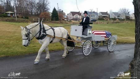 Caisson Hearse with Percheron team at a funeral in West Mifflin, PA