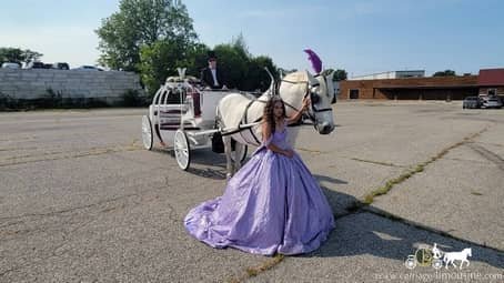 Birthday girl posing with the horse and Cinderella Carriage before her quinceañera near Cleveland, OH