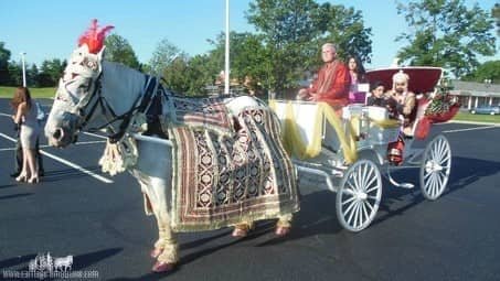 Groom and family riding in the Indian Wedding Carriage at La Centre in Westlake, OH