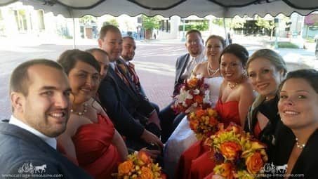 The entire wedding party posing in front of the McKinley Memorial in Canton, OH
