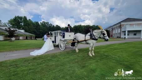 Bride and groom entering Royal Coach after wedding ceremony in Warren, OH